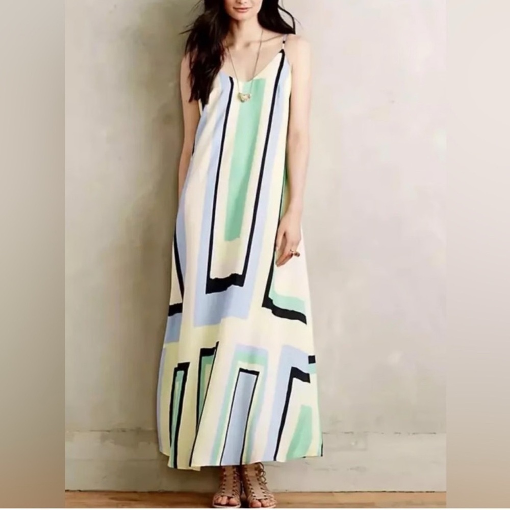 Maeve Striped Geometric Maxi Dress in Cream, Mint & Black